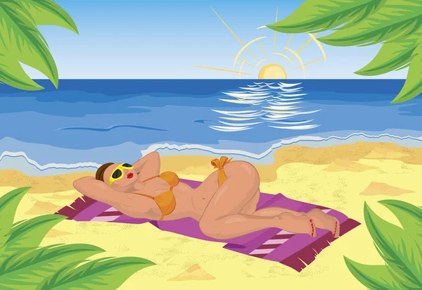 Sexy woman sunbathing in the morning under palm tree — Stock Vector