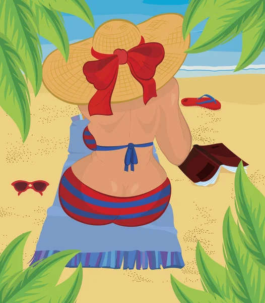 Femme est assise sur la plage sous le palmier — Image vectorielle