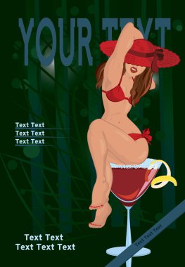 Red-hat-girl-sitting-on-Cosmo-cocktail-on-green-disco
