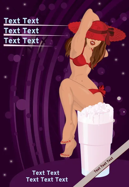 Mädchen mit rotem Hut sitzt auf Milchshake-Cocktail in lila Disco — Stockvektor