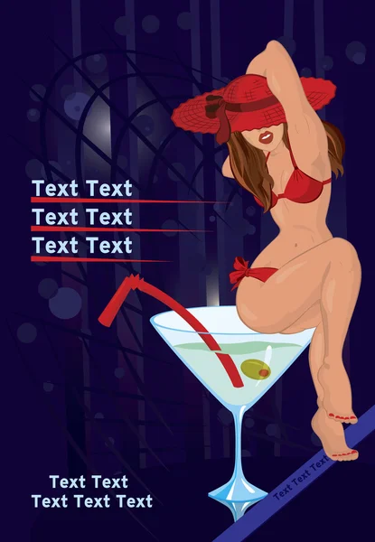 Red-Hat-Girl-Sitting-on-Martini-Cocktail-on-Blue-Disco — стоковий вектор