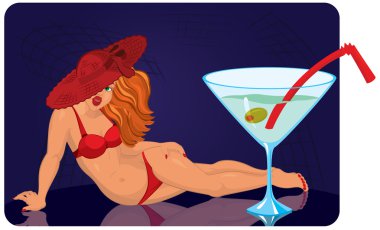 Dev kokteyl kırmızı şapkalı kadın yalan söylüyor