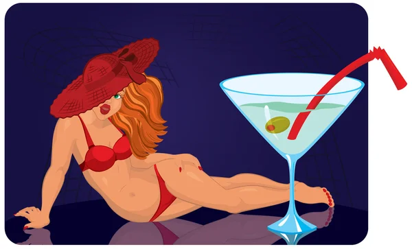 Jonge vrouw in de rode hoed ligt in de buurt van reus cocktail — Stockvector
