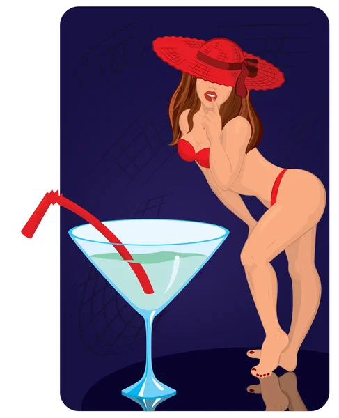 Young woman in red hat is standing near giant cocktail — Stock Vector
