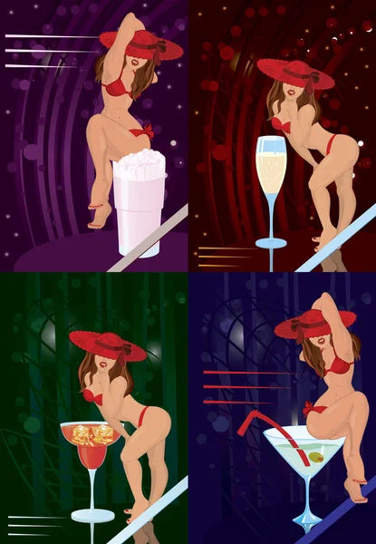 Red-hat-girls-milkshake-on-disco-background — ストックベクタ