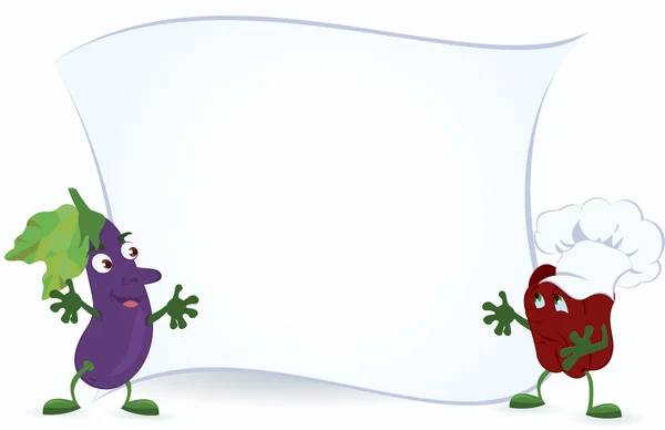 Eggplant-and-Bell-pepper-are-Holding-Promotion-Board — Archivo Imágenes Vectoriales