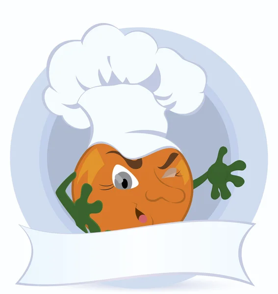 Orange-cartoon-character-with-promo-ribbon — Stock Vector