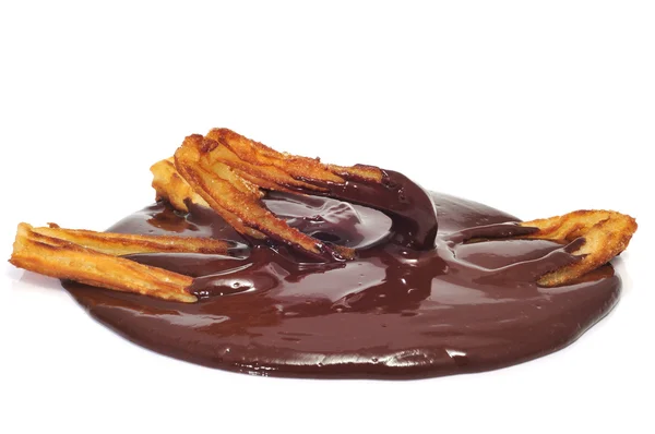 Churros con chocolate, um típico lanche doce espanhol — Fotografia de Stock