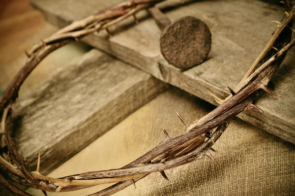 Crown of thorns, cross and nail — Stock Photo, Image