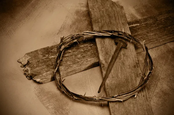 Jesus Cristo cruz, unha e coroa de espinhos — Fotografia de Stock