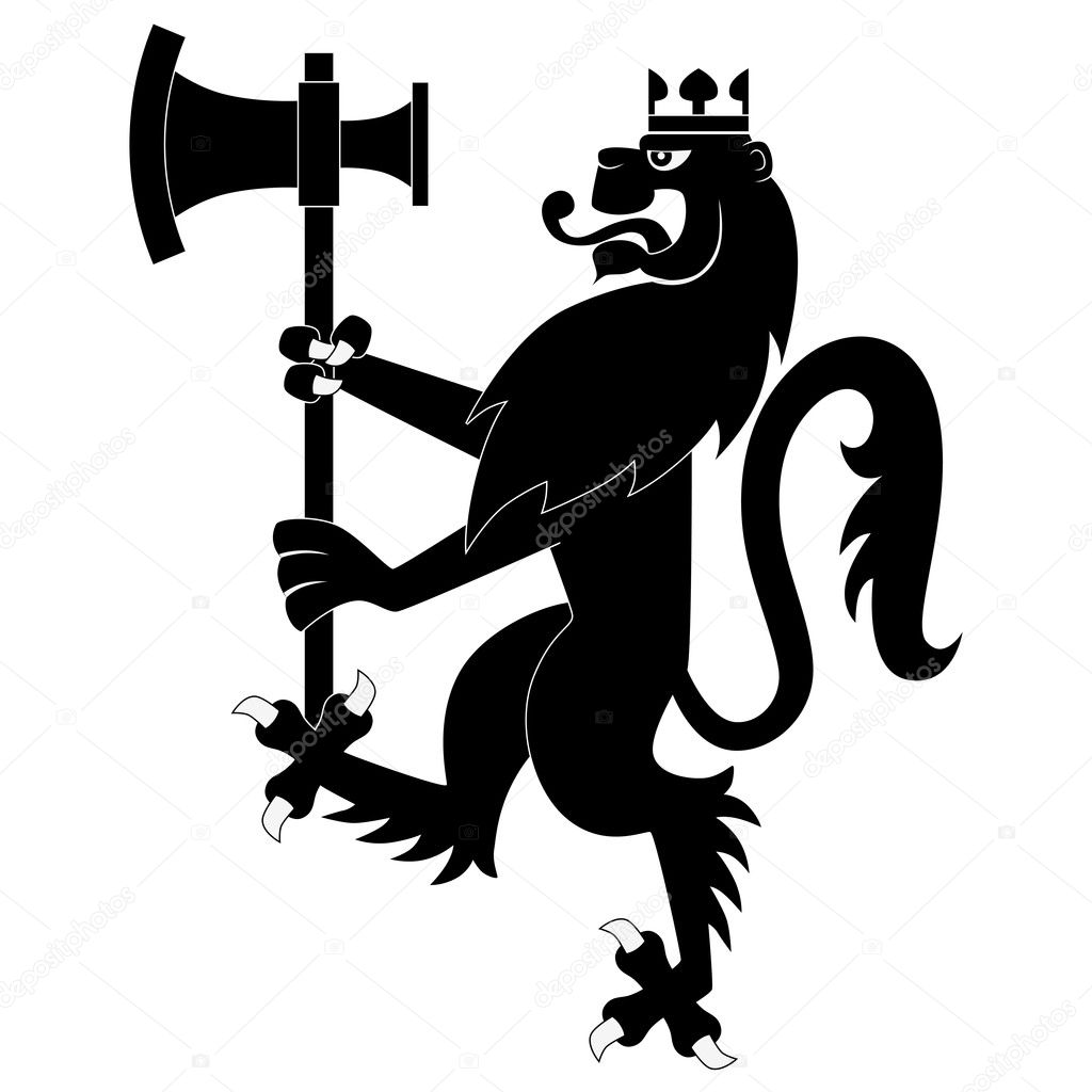 Black heraldic lion with battle-ax