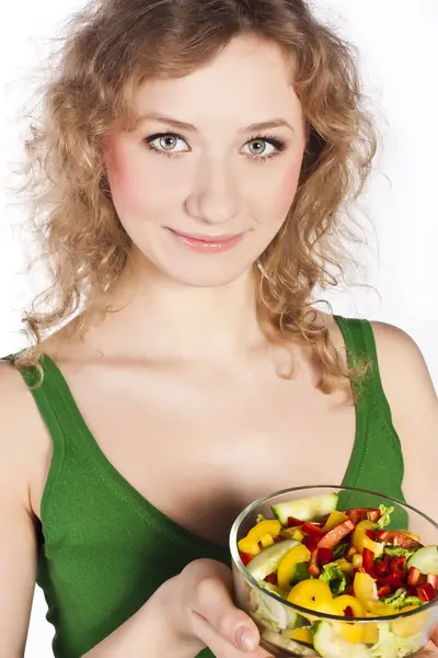 Donna sana bella, con insalata — Foto Stock