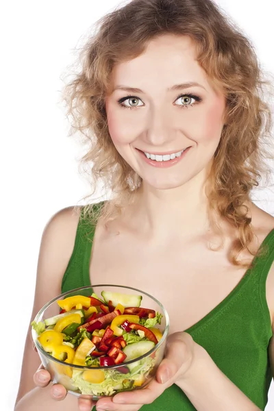 Mujer sana y encantadora, con ensalada — Foto de Stock