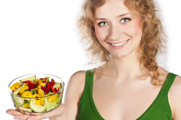 Zdravá krásná žena, se salátem — Stock fotografie