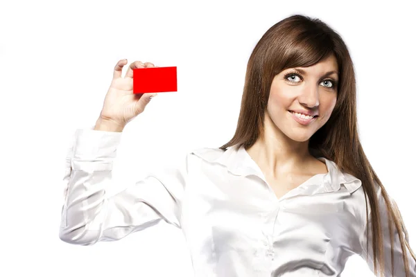 Feliz mujer sonriente de negocios con tarjeta roja, aislado en blanco ba —  Fotos de Stock