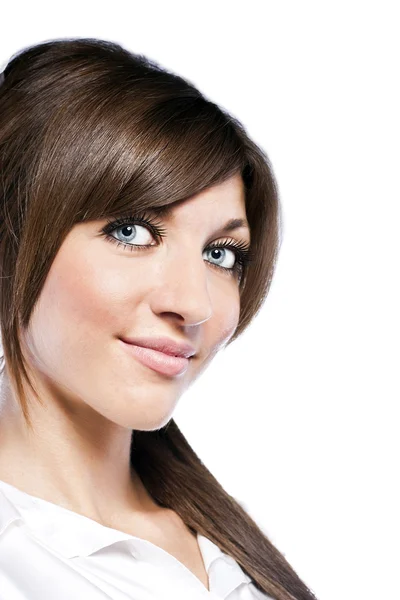 Portrét krásné bruneta podnikatelka na bílém poz — Stock fotografie