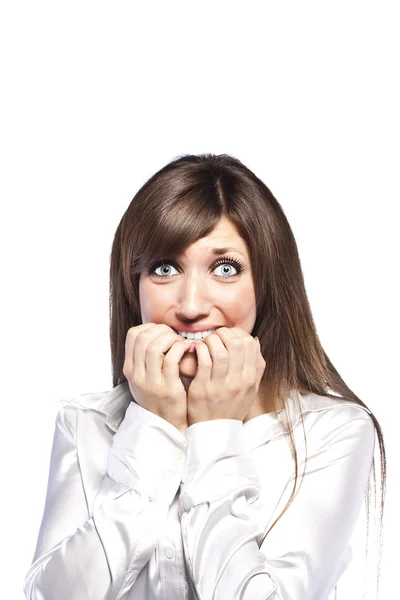 Bright picture of surprised woman face over white — Stock Photo, Image