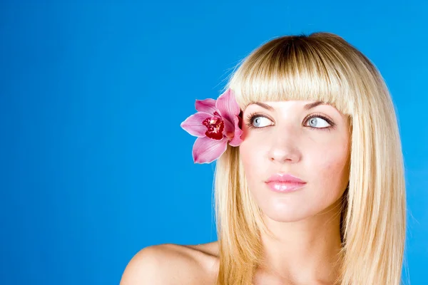 Menina bonita nova com flor no retrato do cabelo — Fotografia de Stock