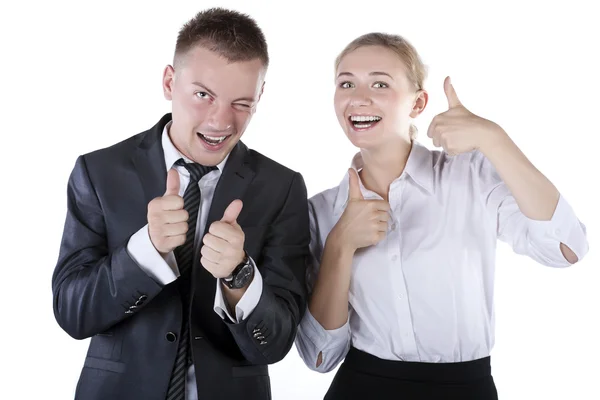 Glücklich lächelnde erfolgreiche gestikulierende Geschäftsleute — Stockfoto