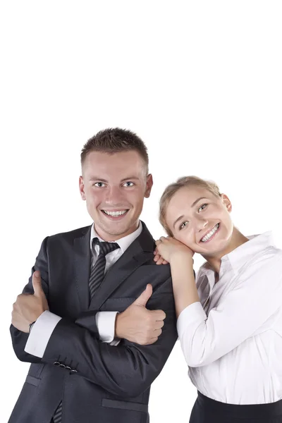 Glücklich lächelnde erfolgreiche gestikulierende Geschäftsleute — Stockfoto