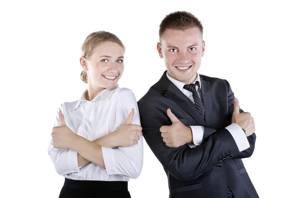 Happy smiling successful gesturing businesspeople — Stock Photo, Image