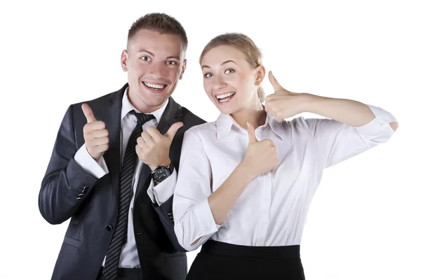 Happy smiling successful gesturing businesspeople — Stock Photo, Image