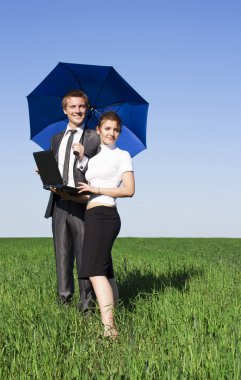 The insurance agent in the field, giving you the best protection clipart