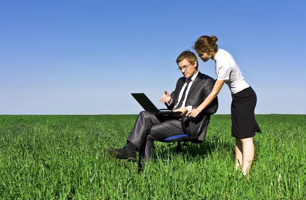 Businessmen. Discuss their business issues. Green field, summer — Stock Photo, Image