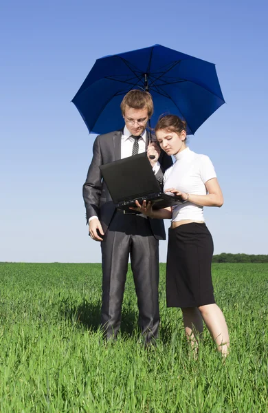 The insurance agent in the field. Sunny bright summer day — Stock Photo, Image