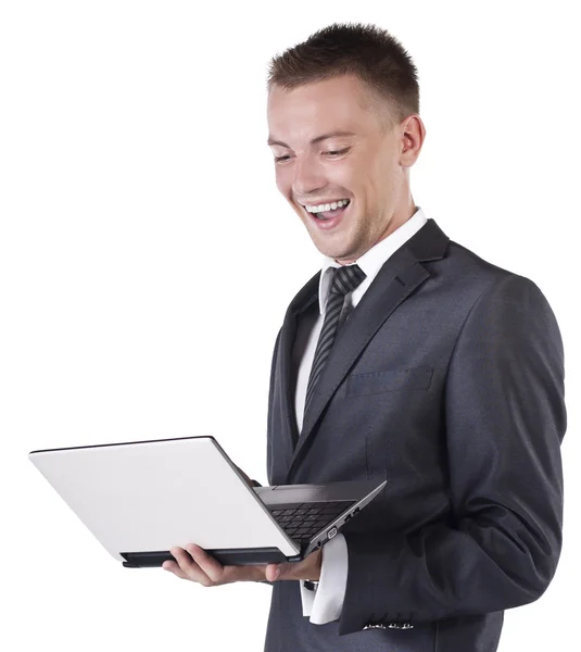 Empresario trabajando con laptop. Sobre fondo blanco —  Fotos de Stock