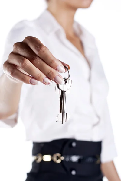 Young happy smiling business woman or real estate agent showing — Stock Photo, Image