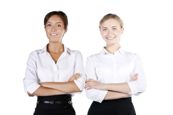 Two pretty business woman smiling at camera — Stock Photo, Image