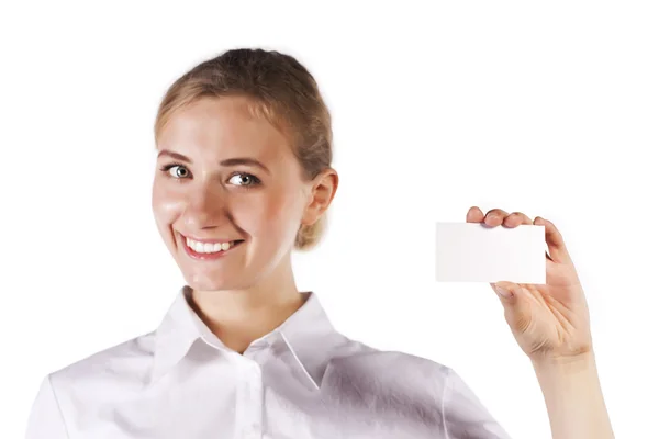 Portrait of smiling business woman giving blank — Stock Photo, Image