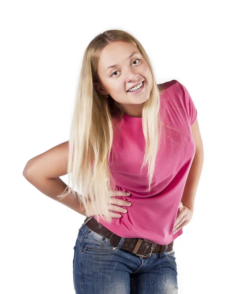Portret van blond meisje in roze — Stockfoto