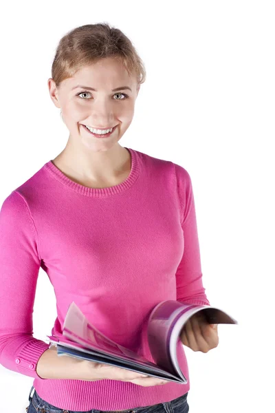 Smiling young woman read on white — Stock Photo, Image