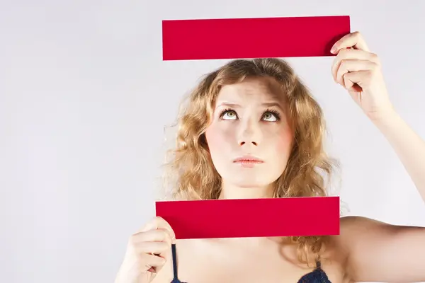 Fun woman holding a banner — Stock Photo, Image