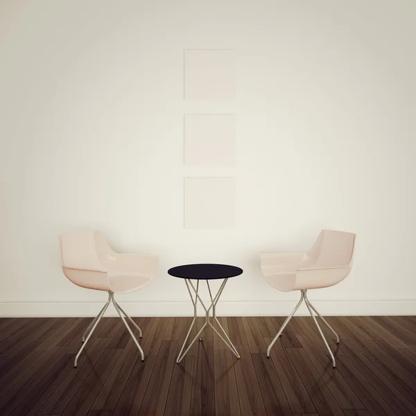 Minimale modern interieur met open haard twee stoelen — Stockfoto