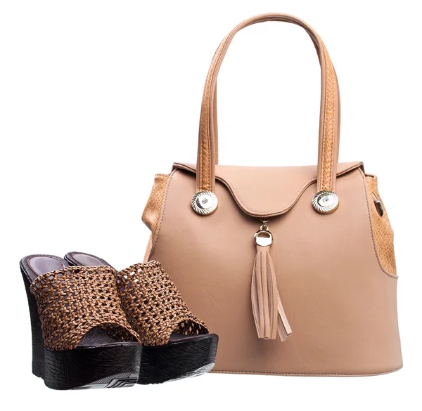 Pair of women open-toe clogs and handbag — Stock Photo, Image