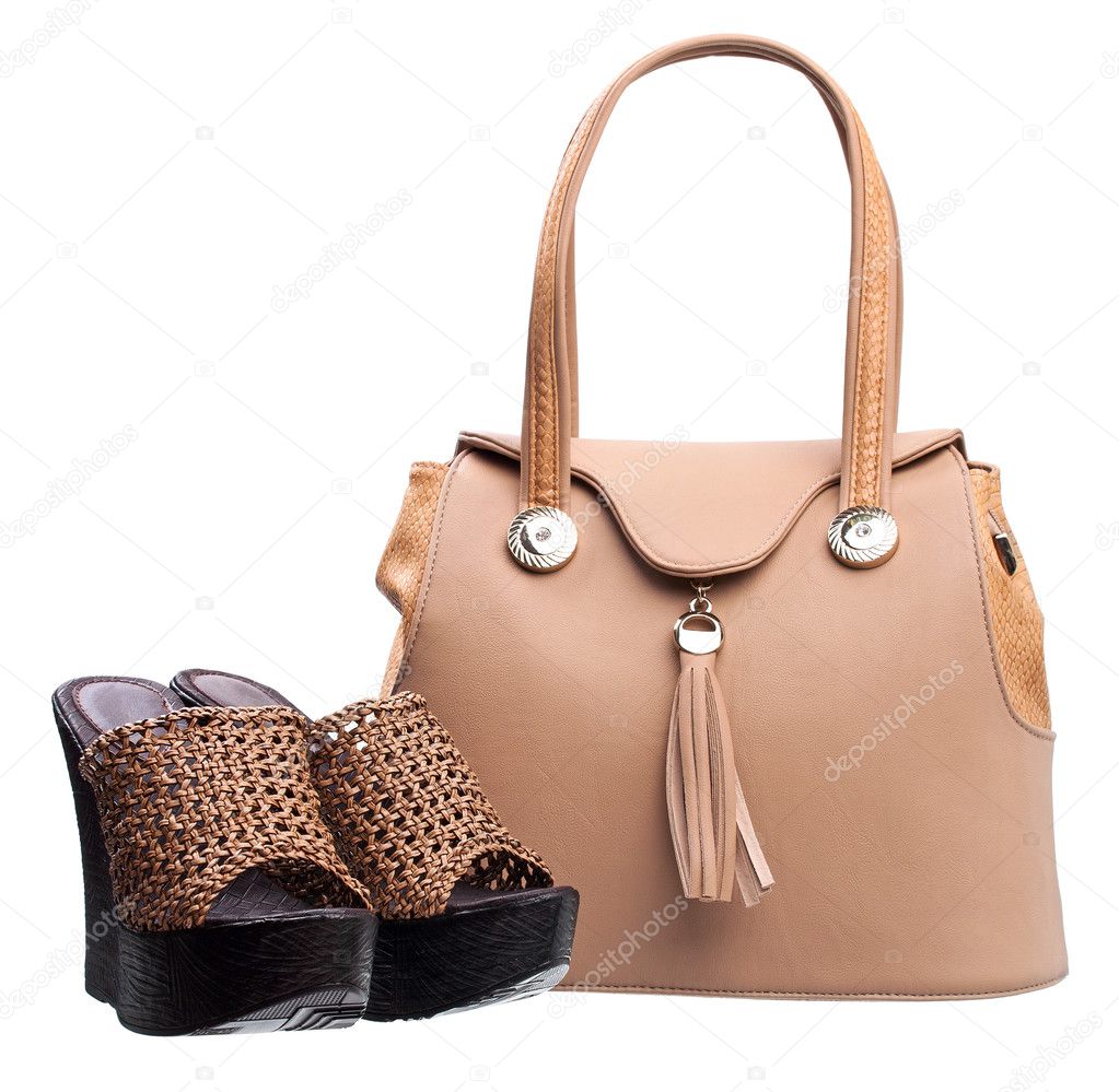 Pair of women open-toe clogs and handbag