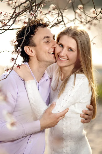 Young romantic couple in spring blossom — Stock Photo, Image