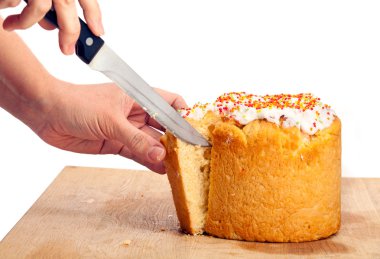 Cropped view of female cutting Easter cake clipart