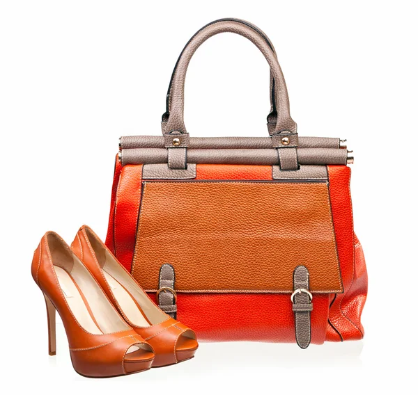 Pair of open-toe female shoes and handbag — Stock Photo, Image