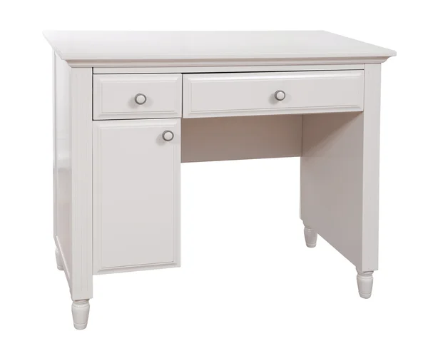 Biały biurko drewniane, ze ścieżką przycinającą — Zdjęcie stockowe
