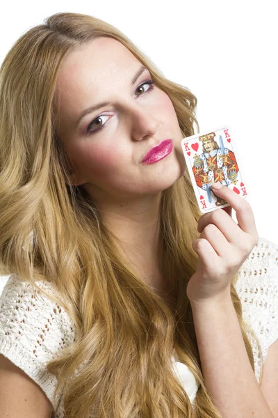 Girl with playing card — Stock Photo, Image