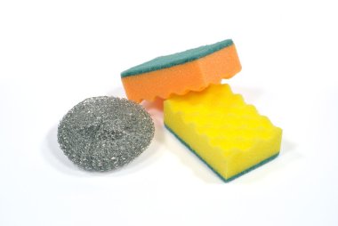 Two usual kitchen sponges and one metal sponge are on the white clipart