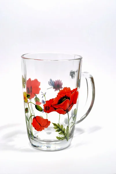 The glass cup with painted red poppies — Stock Photo, Image