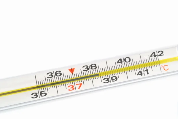 Die klinische Thermometerskala zeigt hohe Temperatur an — Stockfoto