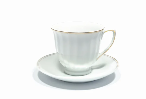 화이트 컵과 접시 흰색 표면에 — 스톡 사진