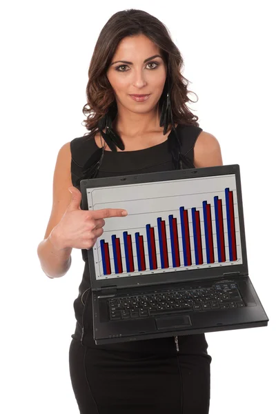 可爱的年轻商业女人用的笔记本电脑 — 图库照片
