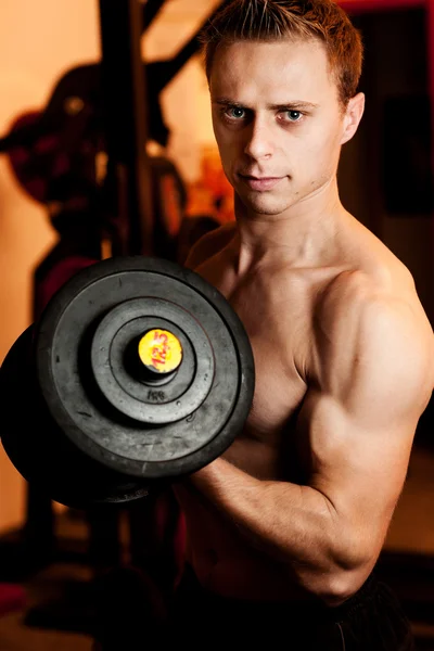 Homem exercitando seus músculos do braço, levantando dois halteres peso livre — Fotografia de Stock